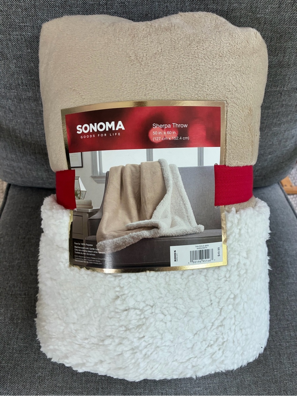 NEW! Sonoma Sherpa Throw 50" x 60" Tan & Off-White Soft & Cozy
